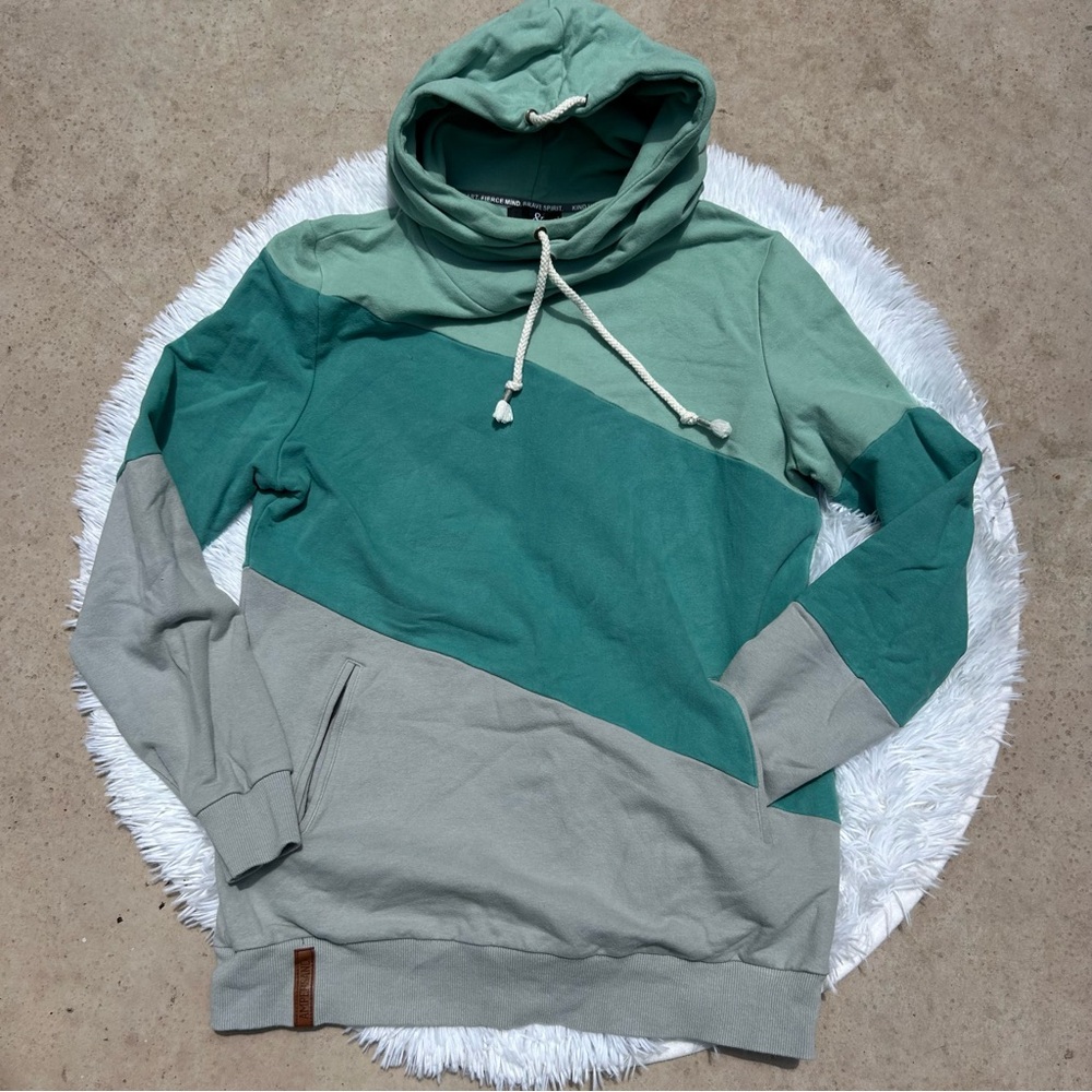 Ampersand Ave Colorblock Hoodie Sea Glass Teal Aqua Knit Sweatshirt Size Large